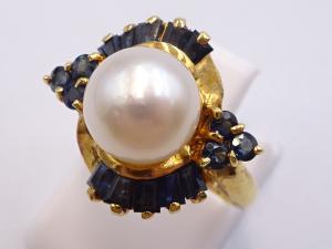 K18 パール 約8.1mm サファイア リング 4.1g